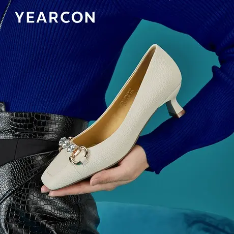 意尔康高跟鞋女真皮2023春季新款百搭职业酒杯跟方头单鞋女温柔风商品大图