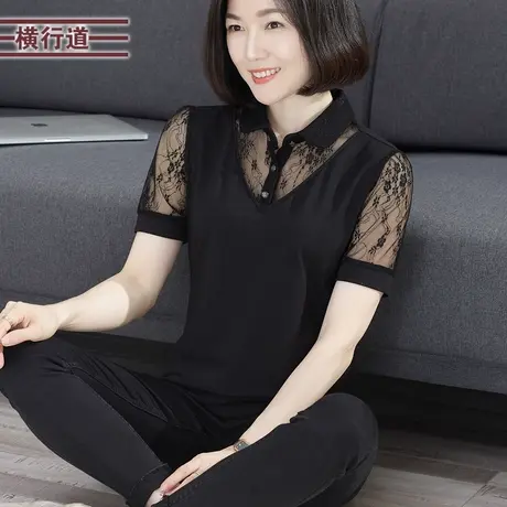 翻领蕾丝短袖2023新款夏装纯色洋气娃娃领假两件拼接短袖女衣T恤商品大图