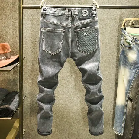 高端定制口袋牛仔裤男时尚潮牌修身小脚裤黑灰色欧版休闲百搭长裤商品大图