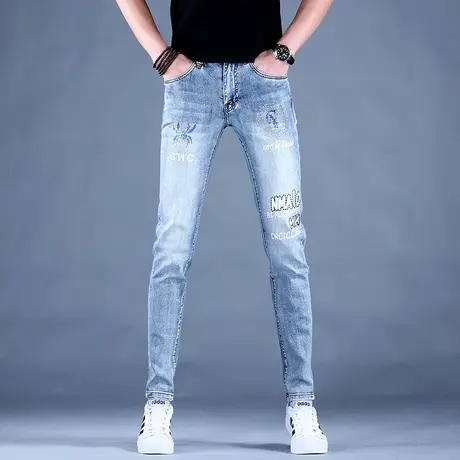 男士刺绣烫钻秋款浅蓝牛仔裤男潮牌2023新款高端休闲修身小脚裤子图片