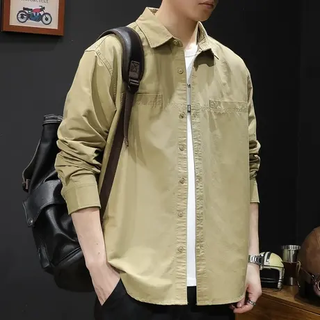工装衬衣外套男士衬衫长袖男休闲春秋2023新款秋季衬衫男美式复古图片