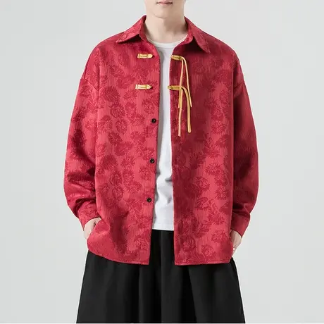 新中式盘扣翻领衬衫男春秋复古国潮外套中国风长袖唐装衬衣高级感商品大图