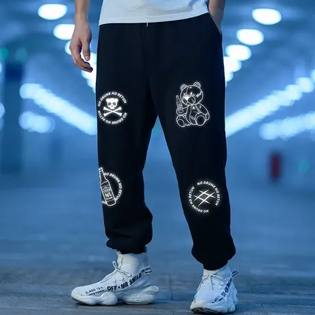 反光加肥加大码九分束脚裤子长裤印花运动长裤胖子男装篮球卫裤图片