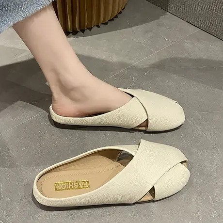 包头半拖鞋女夏季外穿2023年新款韩版软底软皮百搭平底法式凉拖鞋商品大图