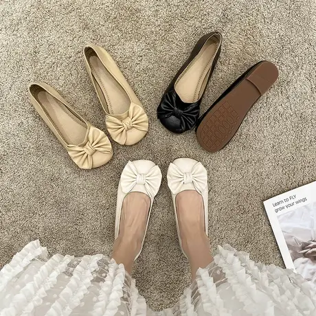 浅口单鞋女鞋韩版圆头蝴蝶结甜美百搭潮平底防滑软底豆豆鞋驾车鞋商品大图