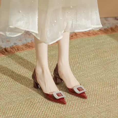 尖头婚鞋2023新款夏季女鞋凉拖鞋中跟单鞋粗跟高跟鞋气质侧空水钻商品大图