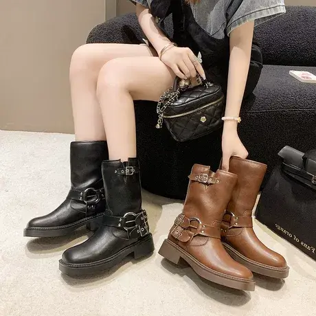 网红超火棕色厚底马丁靴女2023新款中筒靴英伦风复古爆款靴子女款图片