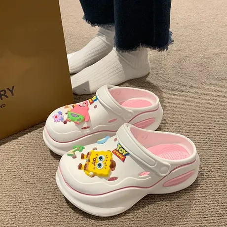 增高洞洞鞋女夏季ins潮外穿卡通松糕厚底高跟包头两穿可爱凉拖鞋商品大图