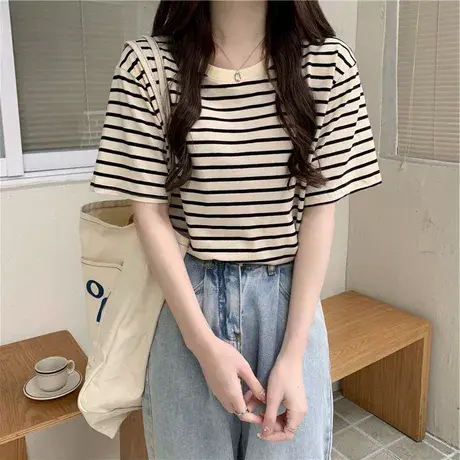 夏季新款胖mm大码条纹圆领短袖t恤女装设计感小众ins潮上衣200斤商品大图
