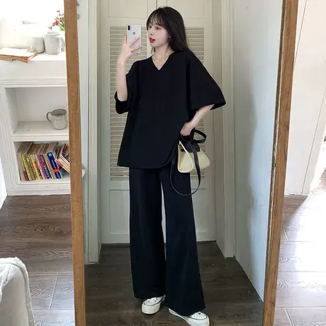 大码休闲时尚遮肉显瘦阔腿裤套装女夏季胖mm减龄黑色两件套200斤商品大图