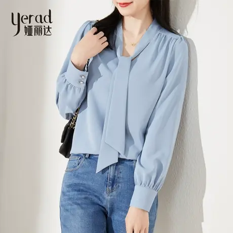 娅丽达绿色衬衫女长袖宽松春2022年新款小个子短款蓝色雪纺衫上衣商品大图