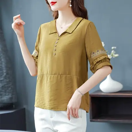 2023夏季新款绣花棉麻衬衫大码上衣透气舒适妈妈装宽松遮肚子小衫商品大图