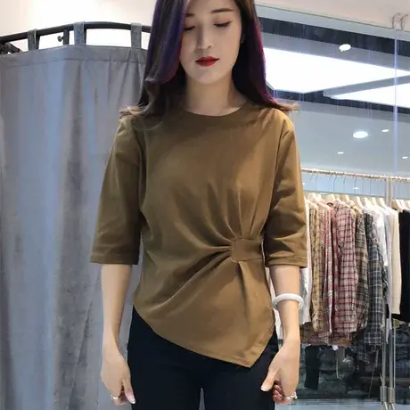 2023春夏新款设计感不规则中袖T恤女韩版修身减龄圆领上衣打底衫商品大图