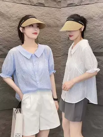 时尚翻领条纹设计感防晒宽松减龄五分袖衬衫女欧洲站2023夏季新款商品大图