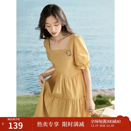【商场同款】茵曼时尚文艺连衣裙2023夏季女装新款方领泡泡袖长裙商品大图