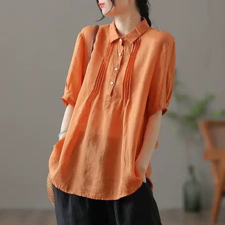 dza 复古高端苎麻衬衫女士短袖夏季薄款棉麻上衣气质漂亮短款衬衣图片