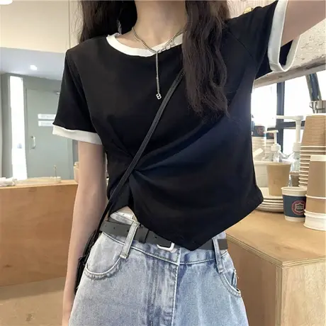 正肩短袖t恤女2023夏季新款百搭显瘦短款设计感小众独特别致上衣图片
