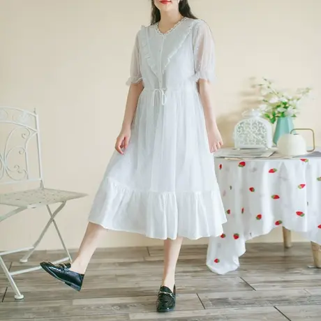 胖妹妹多种蕾丝拼接白色网纱连衣裙加大码2023新款小V领仙女长裙商品大图