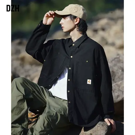 男士黑色长袖衬衫男高级感痞帅2023新款工装衬衣外套秋季美式上衣商品大图