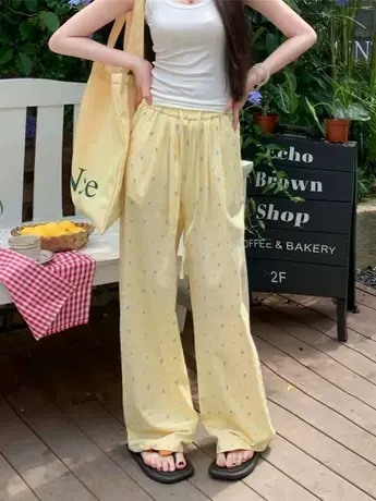 多巴胺格纹小波点阔腿裤女夏昆山垂坠感拖地直筒休闲裤商品大图