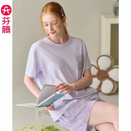 芬腾女士睡衣夏季纯棉短袖短裤抗菌套装薄款透气可外穿全棉家居服商品大图