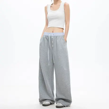 撞色拼接排扣阔腿运动卫裤女2025夏季新款复古宽松显瘦薄款休闲裤商品大图