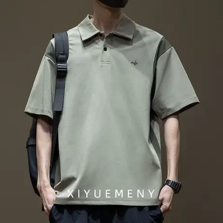 高级感美式短袖POLO衫男夏季宽松凉感冰丝半袖t恤男大码撞色拼接商品大图