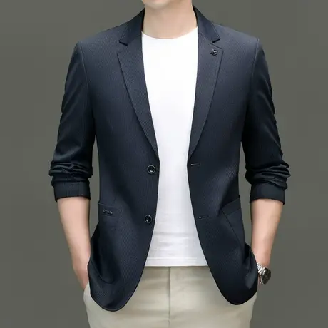 春秋季无痕薄款西服男长袖修身潮流商务工装休闲男士黑色西装上衣商品大图
