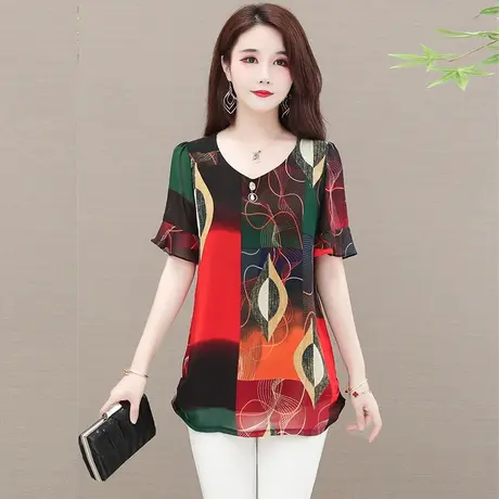 大码女装2023新款花色雪纺衫女上衣气质女妈妈遮肉减龄短袖小衫女商品大图