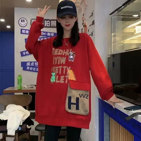 大口袋装饰卡通字母印花休闲宽松大版套头卫衣女2023秋季新款上衣商品大图