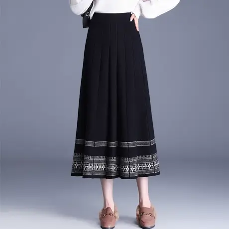 时尚高腰显瘦毛线中长款百褶半身裙女2023秋冬新款垂感遮肉A字裙图片