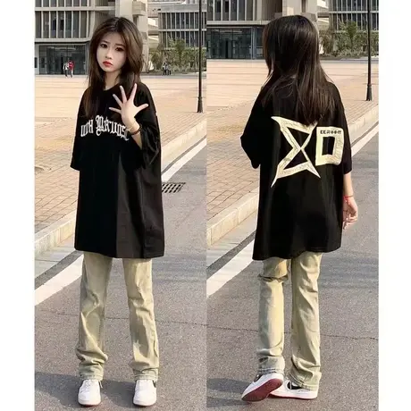 中性风短袖女夏季新款oversize宽松半袖t恤美式上衣大码胖mm显瘦商品大图