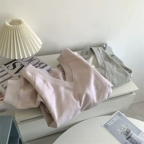 粉红色V领卫衣女纯棉外套宽松上衣女韩高腰气质秋季慵懒风卫衣女商品大图