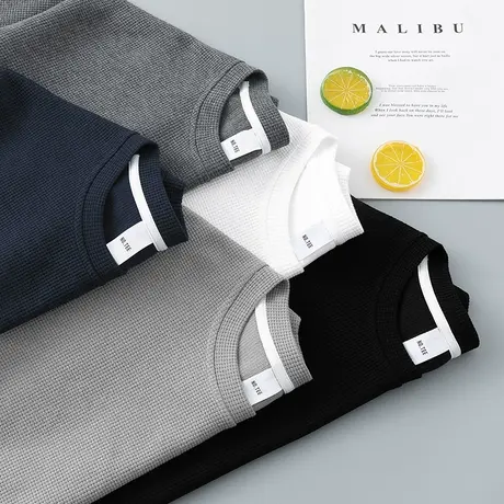 2023新款华夫格卫衣男春秋款宽松纯色圆领无帽上衣服秋季长袖t恤商品大图