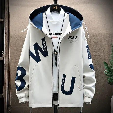 连帽夹克男宽松潮牌青少年印花拉链春秋季外套男士休闲青少年秋装商品大图