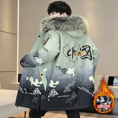 青少年加绒外套男冬季潮流中长款加厚棉衣初中高中学生帅气派克服图片