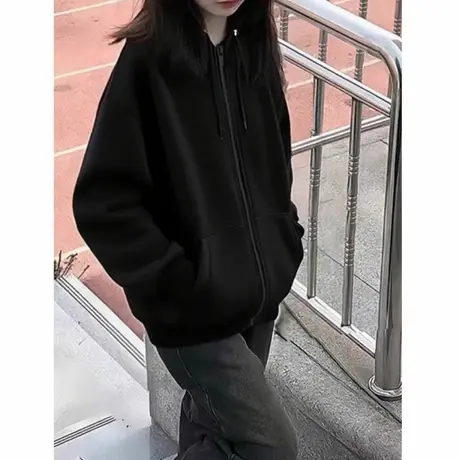 美式黑色女士连帽卫衣外套初秋冬季新款爆款2025慵懒风开衫上衣服商品大图