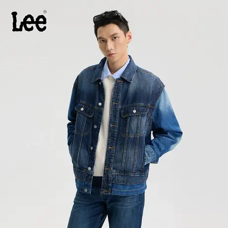 Lee商场同款25秋冬新品舒适版翻领拼接面料中深蓝男牛仔夹克外套图片