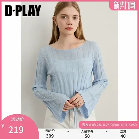 DPLAY2025年秋季新款蓝色毛衣女时尚抽绳设计羊毛针织衫慵懒上衣图片