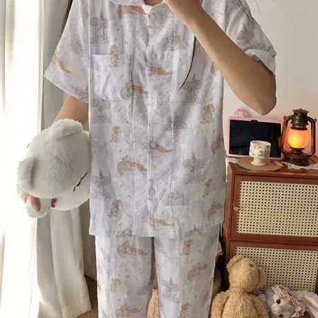 新品！a类春秋纯棉双层纱布紫调小象狗狗可爱甜美睡衣短袖长裤商品大图