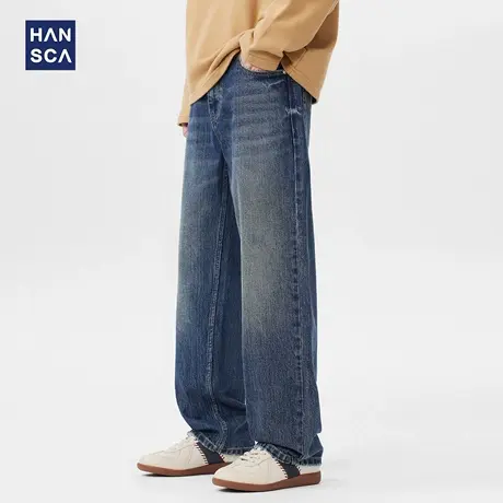 hansca复古纯棉直筒宽松牛仔裤男潮牌痞帅2025新款秋季做旧长裤子图片