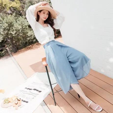 桔熊夏季韩版通勤气质薄款开衩宽松阔腿7分雪纺裤子女大码BA5539图片