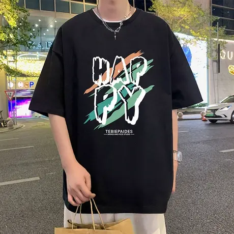 港风纯棉短袖T恤男夏季美式宽松上衣ins潮牌男装打底衫半袖体恤衫商品大图