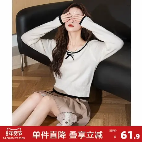唐狮2025春季毛衣女撞色小众设计感蝴蝶结套头内搭毛线衫显瘦qd图片