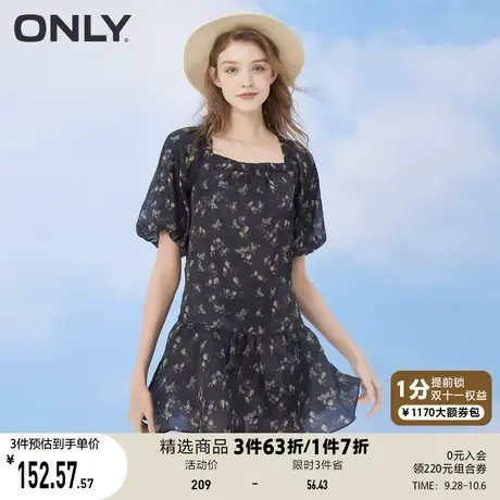 【买5免1】ONLY奥莱夏季小苹果黑色底色印花短款连衣裙女图片