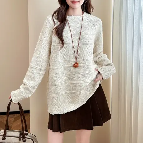 秋冬季毛衣女慵懒风别致设计感肌理小众圆领套头毛线衫TU图片