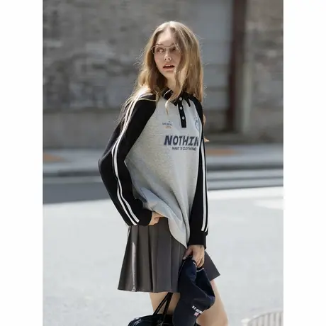 唐狮秋冬季长袖polo衫女翻领美式复古前胸文字印花插肩撞色TUTA图片