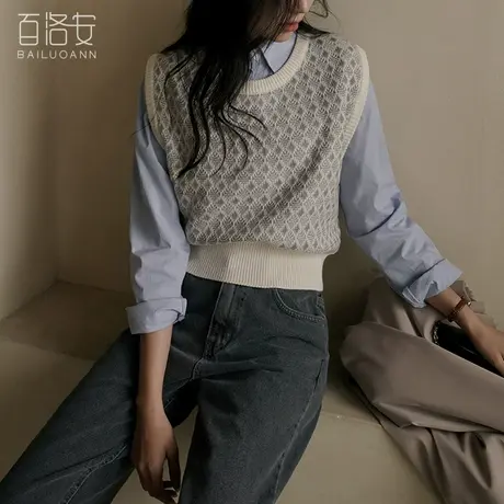 百洛安温柔风提花针织背心女2023秋冬新款舒适圆领无袖毛衣马甲潮图片