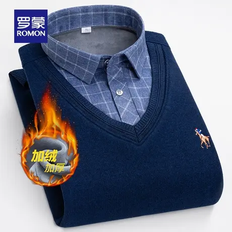【官方正品】罗蒙男士保暖针织衫冬季新款翻领假两件加绒加厚毛衣图片