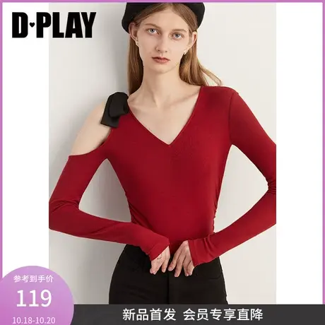 DPLAY2023氛围感红拼黑V领不对称露肩镂空蝴蝶结弹力针织小衫商品大图